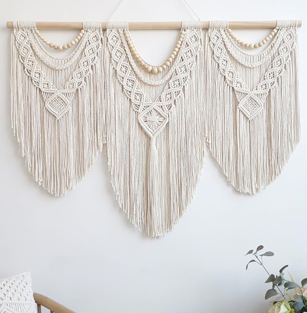 Large Macrame Wall Hanging Boho Wall Decor and Tapestry with Wooden Beads, Perfect for Living Room or Bedroom, Stylish Handmade Wall Art for Bohemian Interiors